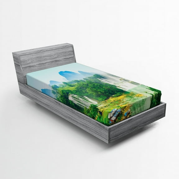 Ambesonne Scenery Fitted Sheet, Misty Jungle Forest, Twin XL Size, Fern Green Multicolor