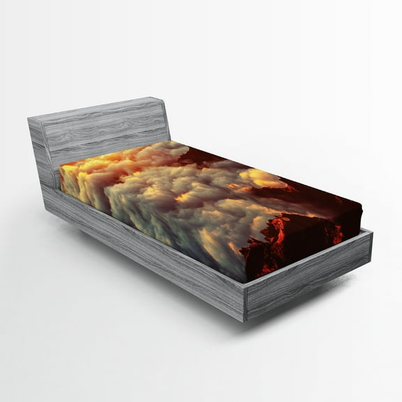 Ambesonne Scenery Fitted Sheet, Natural Beauty Sunset, Twin Size, Orange White Brown