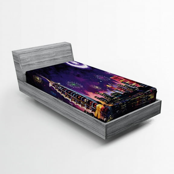 Ambesonne Scenery Fitted Sheet, Night Dubai Skyscraper, Twin Size, Purple