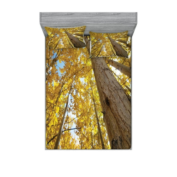 Ambesonne Scenery Fitted Sheet & Pillow Sham Set, Aspen Trees in Forest, Queen, Yellow