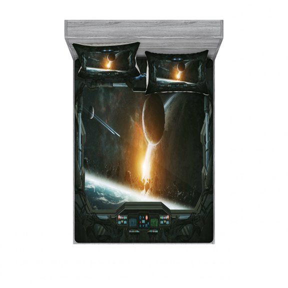 Ambesonne Scenery Fitted Sheet & Pillow Sham Set, Astronaut from Earth, Full, Grey Orange