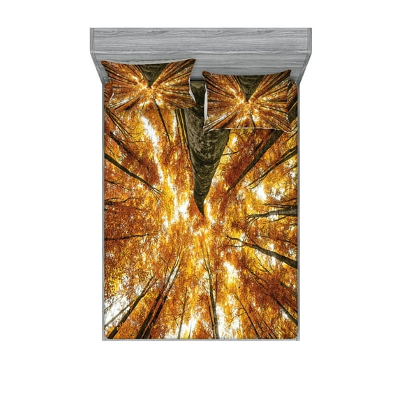 Ambesonne Scenery Fitted Sheet & Pillow Sham Set, Canadian Maple Idyllic, Full, Orange Brown