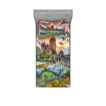 Ambesonne Scenery Fitted Sheet & Pillow Sham Set, Cartoon Dream Castle, Twinxl, Multicolor