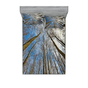 Ambesonne Scenery Fitted Sheet & Pillow Sham Set, Clouds Morning Scene, Full, Blue Brown