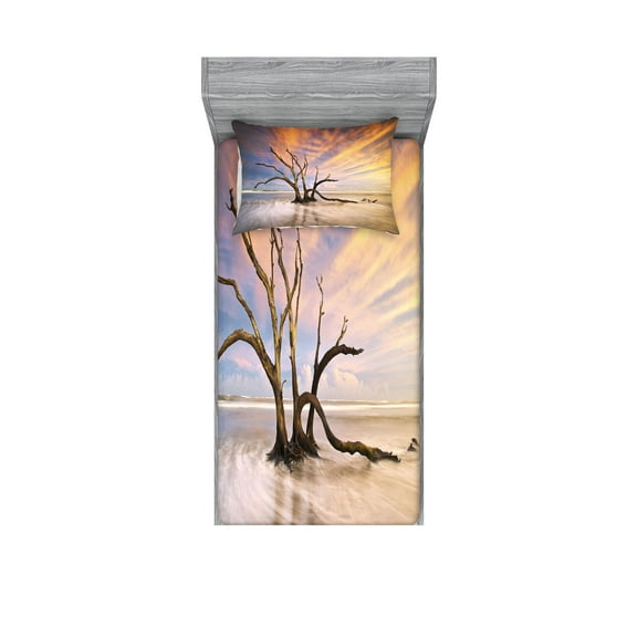 Ambesonne Scenery Fitted Sheet & Pillow Sham Set, Dead Tree Sun Driftwood, Twin, Beige and Orange