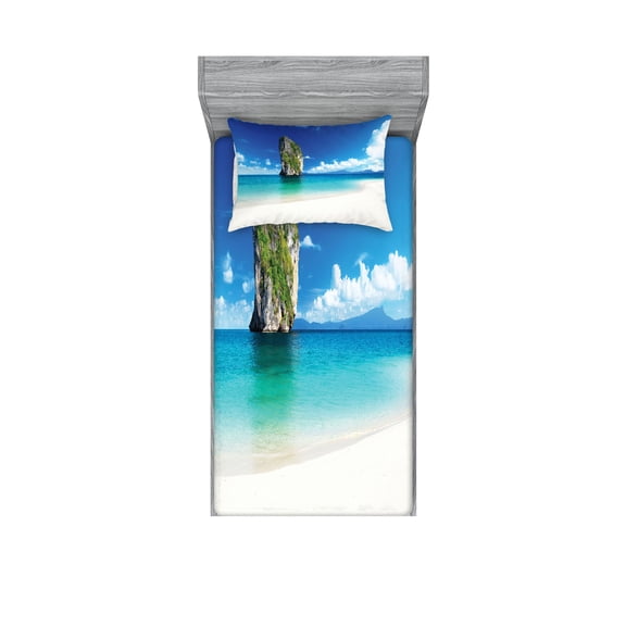 Ambesonne Scenery Fitted Sheet & Pillow Sham Set, Exotic Coastline, Twin, Blue White Cream