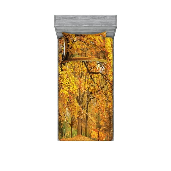 Ambesonne Scenery Fitted Sheet & Pillow Sham Set, Fall Pale Maple Trees, Twinxl, Orange Brown
