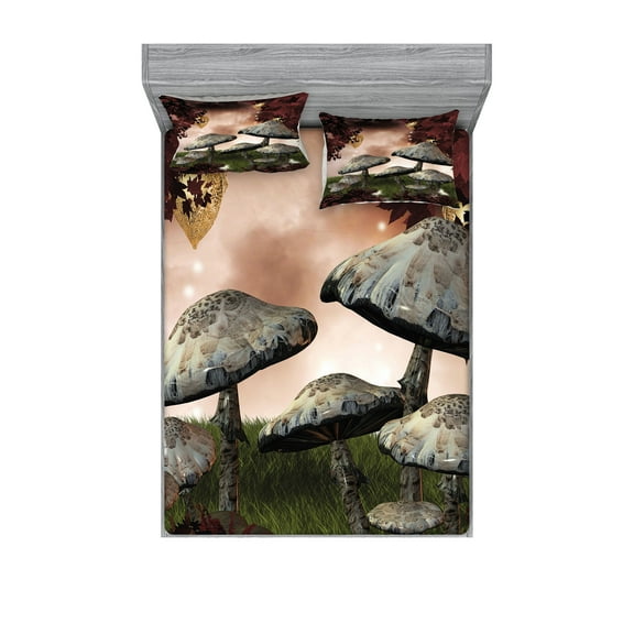 Ambesonne Scenery Fitted Sheet & Pillow Sham Set, Forest, Queen, Maroon Grey