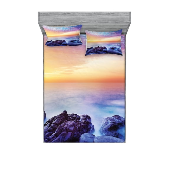 Ambesonne Scenery Fitted Sheet & Pillow Sham Set, Morning Rainbow Colors, Full, Blue Purple