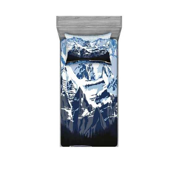Ambesonne Scenery Fitted Sheet & Pillow Sham Set, Mountain with Snow View, Twinxl, Blue Grey Dark Blue