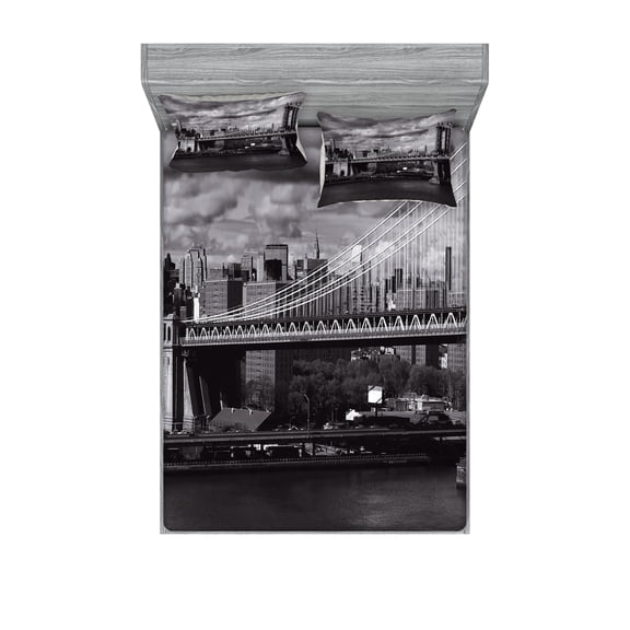 Ambesonne Scenery Fitted Sheet & Pillow Sham Set, NYC in Black and White, Queen, Grey
