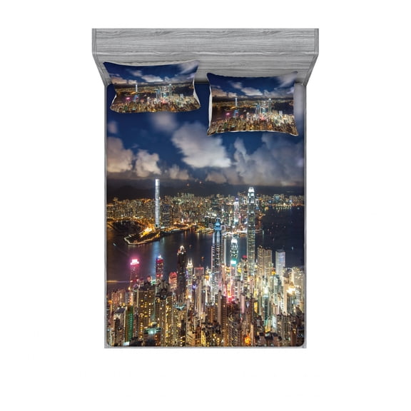 Ambesonne Scenery Fitted Sheet & Pillow Sham Set, Night View Hong Kong, Full, Navy White