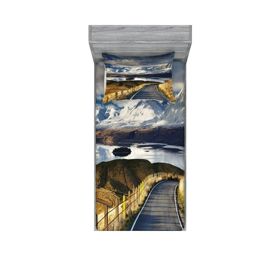 Ambesonne Scenery Fitted Sheet & Pillow Sham Set, River Snowy Mountain, Twinxl, White Blue Yellow