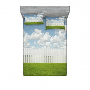 Ambesonne Scenery Fitted Sheet & Pillow Sham Set, Sky with Clouds Farm, Queen, Green White