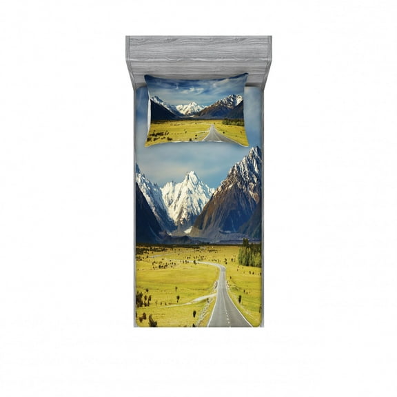 Ambesonne Scenery Fitted Sheet & Pillow Sham Set, Snowy Mountains Alps, Twinxl, Navy Blue White Olive