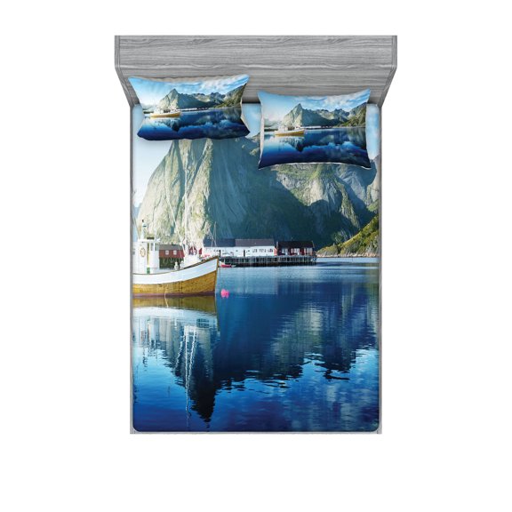 Ambesonne Scenery Fitted Sheet & Pillow Sham Set, Sunset Lake by Harbor, Queen, Blue