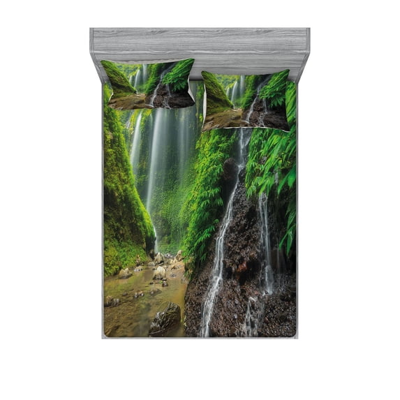 Ambesonne Scenery Fitted Sheet & Pillow Sham Set, Waterfall Forest, Queen, Green and Brown