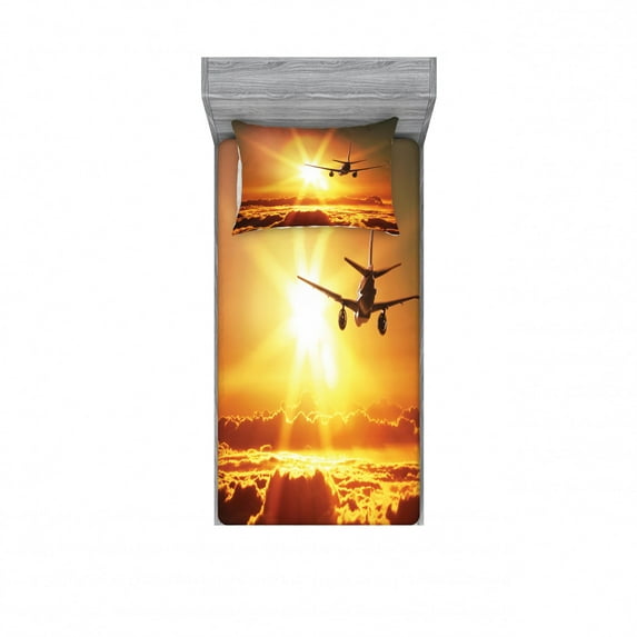 Ambesonne Scenery Fitted Sheet & Pillow Sham Set, Widebody Jet Air Plane, Twinxl, Multicolor