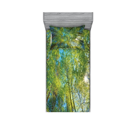 Ambesonne Scenery Fitted Sheet & Pillow Sham Set, Willow Flora in Nature, Twin, Green