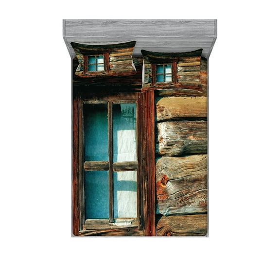 Ambesonne Scenery Fitted Sheet & Pillow Sham Set, Wooden Pattern Window, Full, Brown and Blue