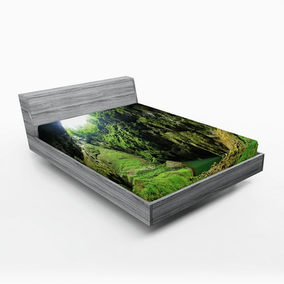 Ambesonne Scenery Fitted Sheet, Punkevni Cave in Czech, Full Size, Green