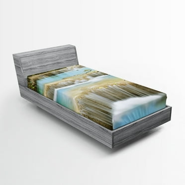 Ambesonne Scenery Fitted Sheet, Rock Stairs in Forest, Twin Size, Blue and Green