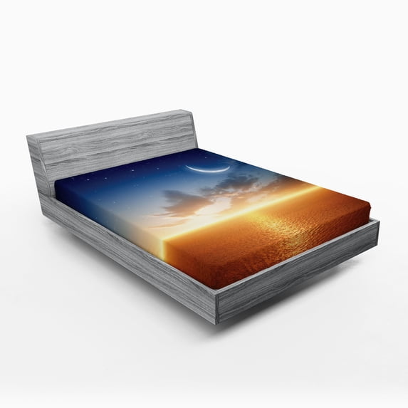 Ambesonne Scenery Fitted Sheet, Sunset Sky Moon Stars, Queen Size, Navy Yellow Orange