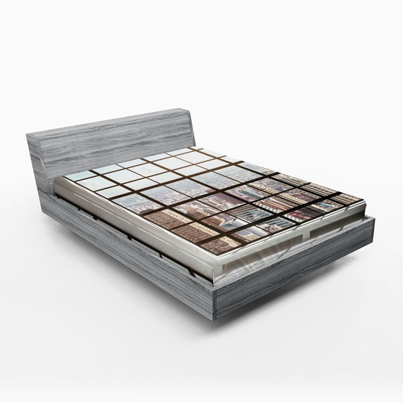Ambesonne Scenery Fitted Sheet, Urban Modern City View, Full Size, Pale Brown White