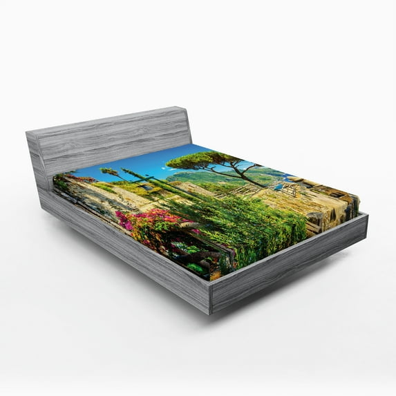 Ambesonne Scenery Fitted Sheet, Village Trees Blossoms, Full Size, Multicolor