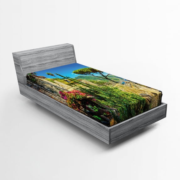 Ambesonne Scenery Fitted Sheet, Village Trees Blossoms, Twin Size, Multicolor