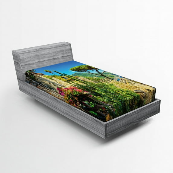 Ambesonne Scenery Fitted Sheet, Village Trees Blossoms, Twin XL Size, Multicolor