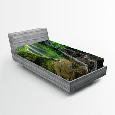 Ambesonne Scenery Fitted Sheet, Waterfall Forest, Twin Size, Green and Brown