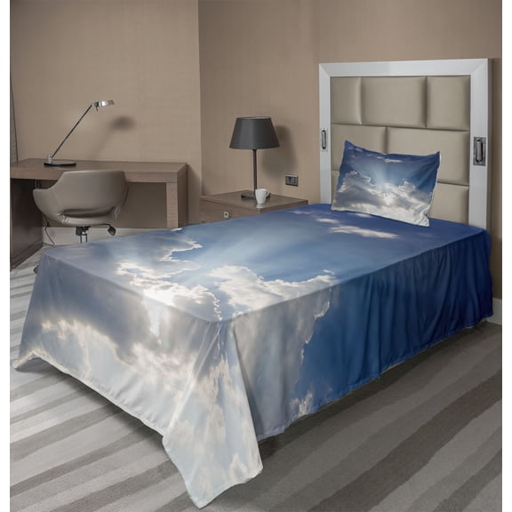 Ambesonne Scenery Fitted & Top Sheet Set with Sham, Clouds Sunny Day Sky, Blue White