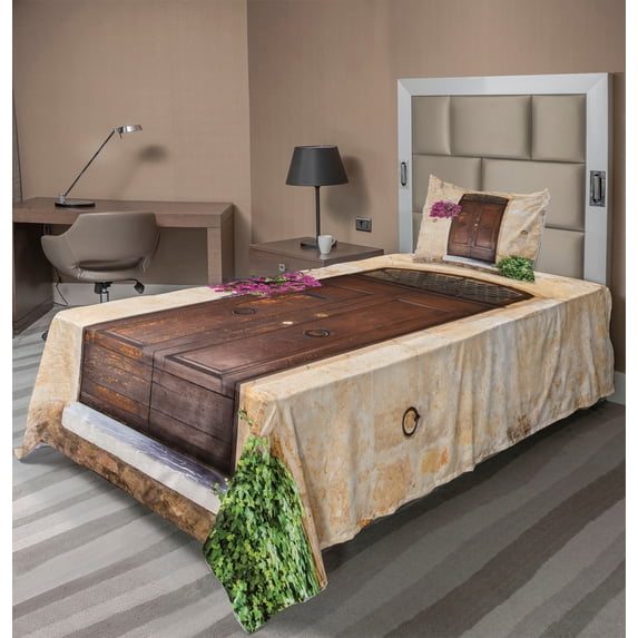 Ambesonne Scenery Fitted & Top Sheet Set with Sham, Rusty Wood Door Italian, Cream Lilac Brown