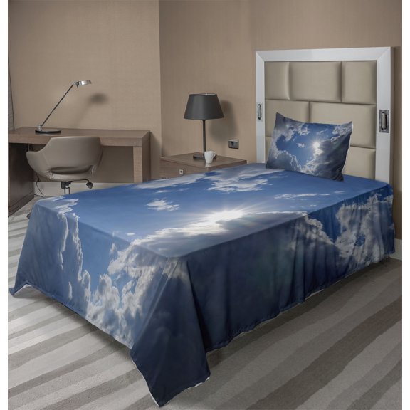 Ambesonne Scenery Fitted & Top Sheet Set with Sham, Vibrant Sun Clear Sky, Grey Blue