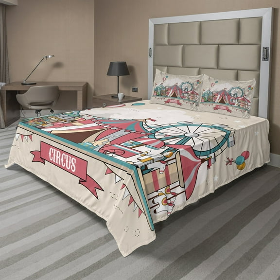 Ambesonne Scenery Fitted & Top Sheet Set with Shams, Circus Flat Balloons, Multicolor