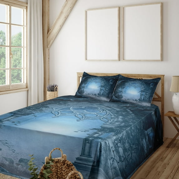 Ambesonne Scenery Fitted & Top Sheet Set with Shams, Foggy Palace, Navy Blue and Grey