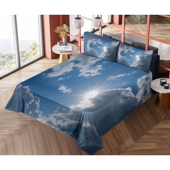 Ambesonne Scenery Fitted & Top Sheet Set with Shams, Vibrant Sun Clear Sky, Grey Blue