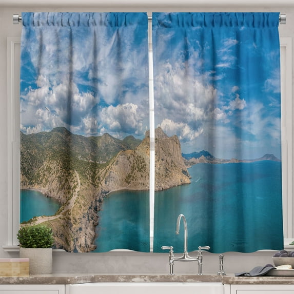 Ambesonne Scenery Kitchen Curtains, Black Sea and Mountains, 55"x30", Teal Azure Blue and Sepia