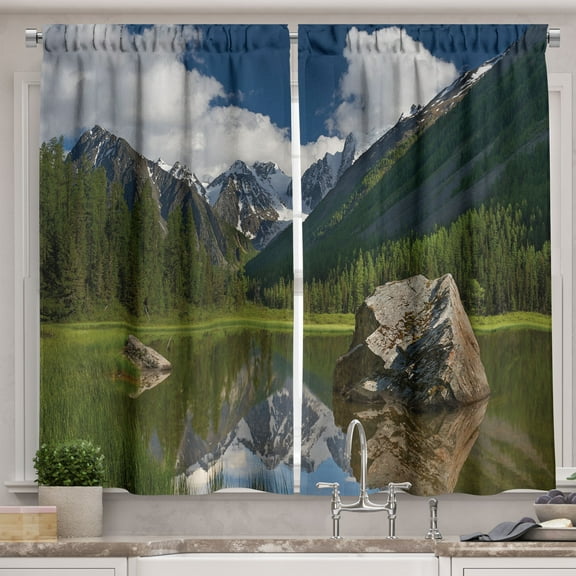 Ambesonne Scenery Kitchen Curtains, Mountain Lake Landscape, 55"x39", Olive Green and Dark Blue