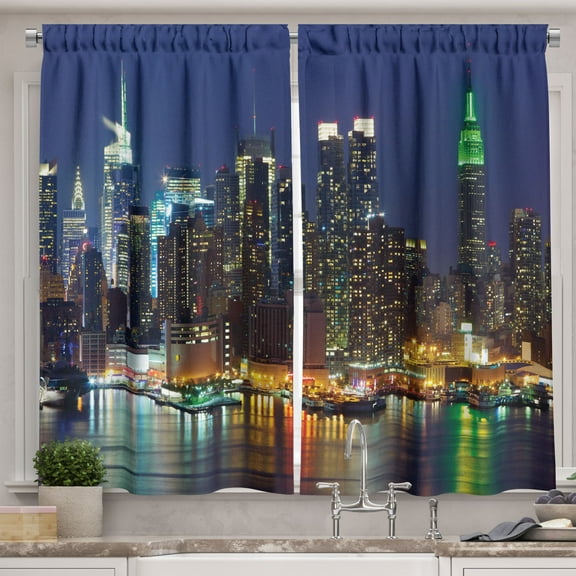 Ambesonne Scenery Kitchen Curtains, NYC Midtown Skyline, 55"x45", Royal Blue