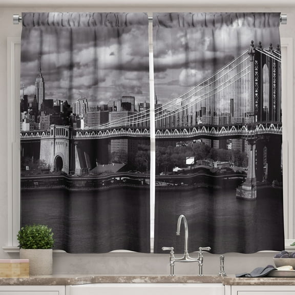Ambesonne Scenery Kitchen Curtains, NYC in Black and White, 55"x45", Grey
