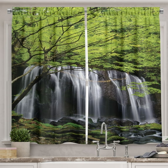 Ambesonne Scenery Kitchen Curtains, Rock Tree in Waterfall, 55"x45", Black White and Green