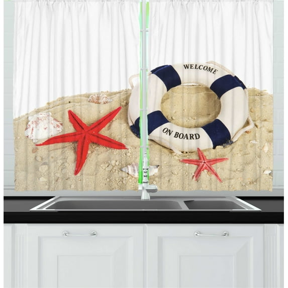 Ambesonne Scenery Kitchen Curtains, Shells Starfishes Sea, 55"x45", Navy Blue Eggshell Red