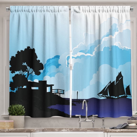 Ambesonne Scenery Kitchen Curtains, Ship and Clouds Modern Look, 55"x24", Deep Sky Blue and Quartz