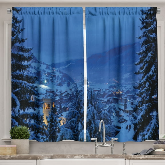 Ambesonne Scenery Kitchen Curtains, Winter Forest Trees, 55"x30", Blue