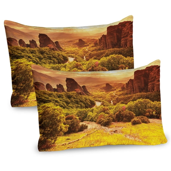 Ambesonne Scenery Pillow Sham 2 Pack, Monasteries in Greece, 26"x20", Earth Yellow and Mustard