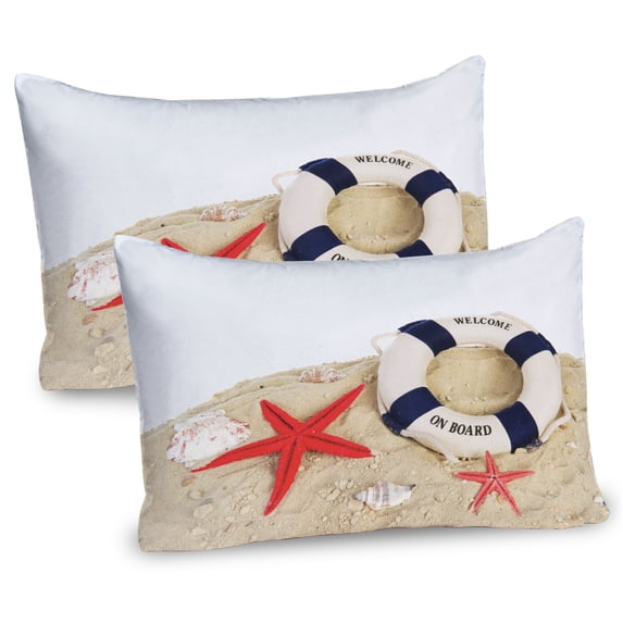Ambesonne Scenery Pillow Sham 2 Pack, Shells Starfishes Sea, 26"x20", Navy Blue Eggshell Red
