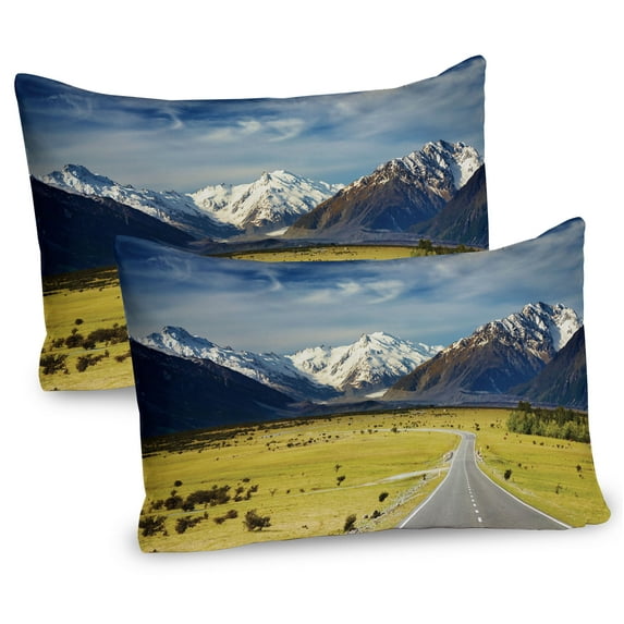 Ambesonne Scenery Pillow Sham 2 Pack, Snowy Mountains Alps, 30"x20", Navy Blue White Olive