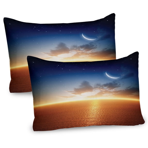 Ambesonne Scenery Pillow Sham 2 Pack, Sunset Sky Moon Stars, 30"x20", Navy Yellow Orange